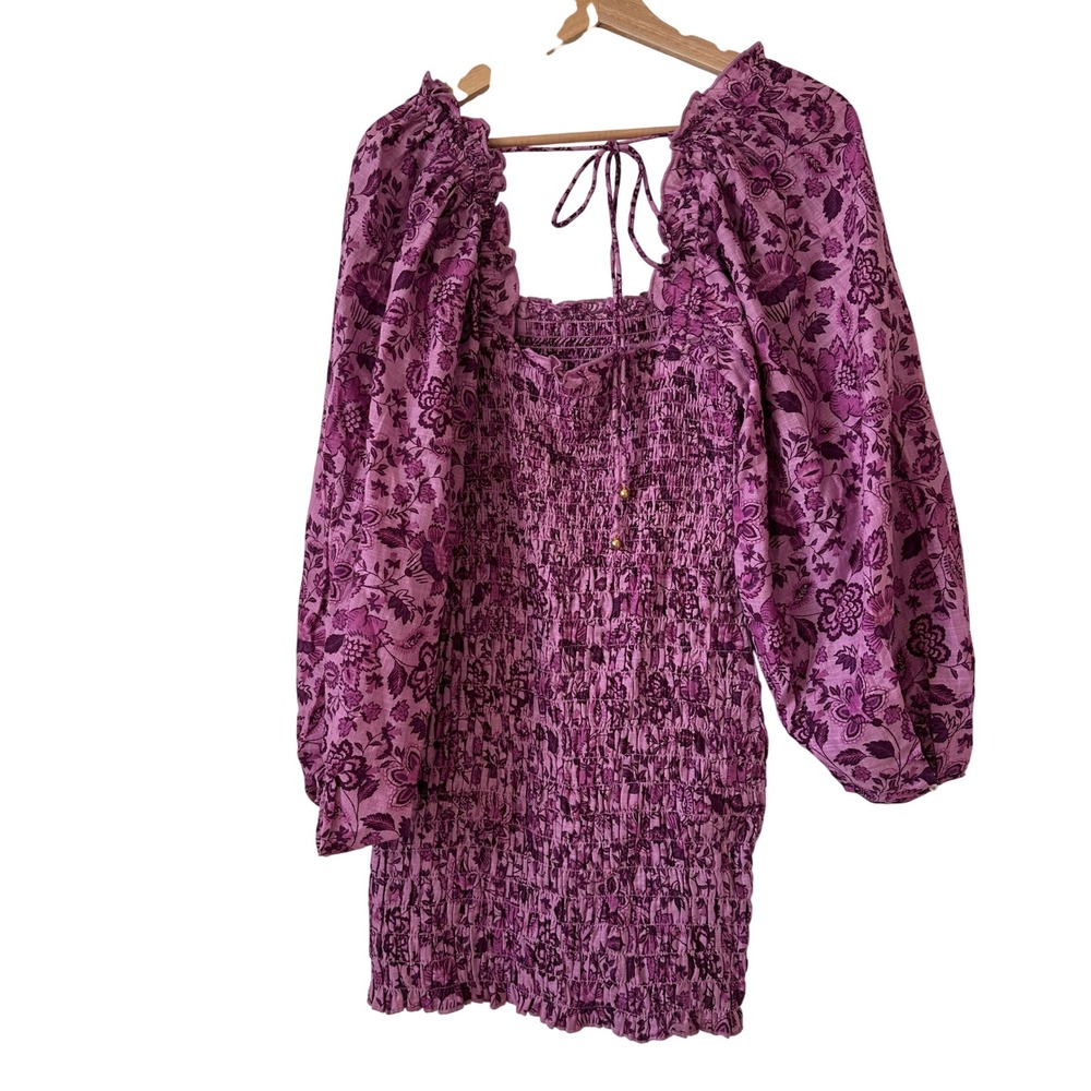 Free People Purple Floral Smocked Mini Dress Balloon Sleeve Size S OB1438613 NWT - Picture 10 of 13